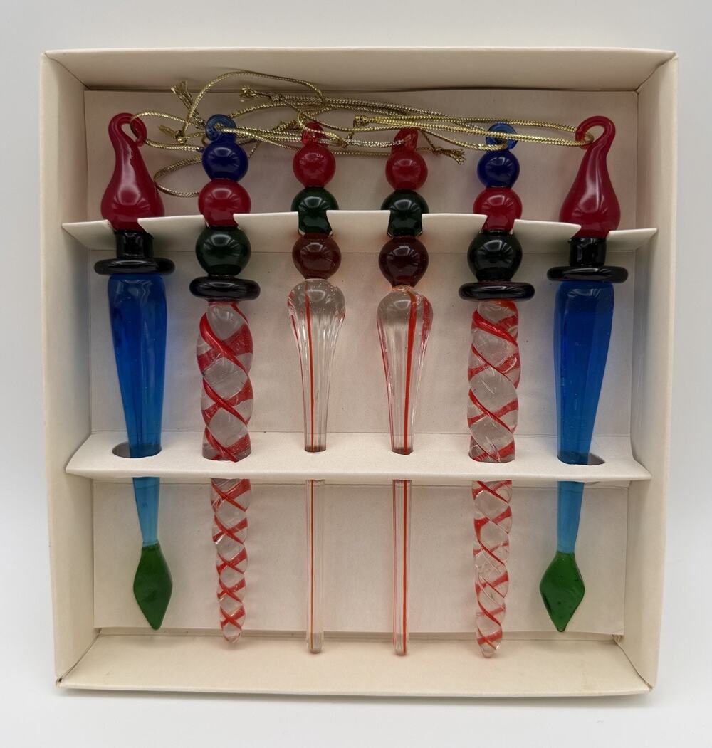 6 Vtg Icicle Handblown Ornaments Pier 1 Teardrop Multicolor Christmas Holiday